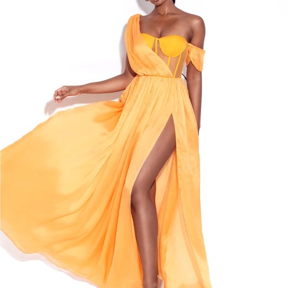 Miss Circle Back In Style Orange Silk Corset High Slit Maxi Dress for prom - Picture 5 of 6